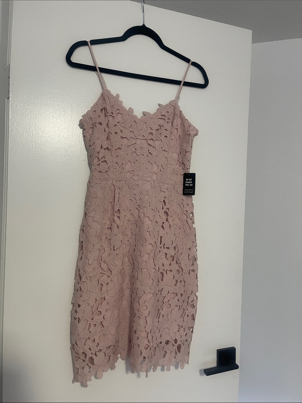 Express Blush Pink Lace Mini Dress with Spaghetti Straps